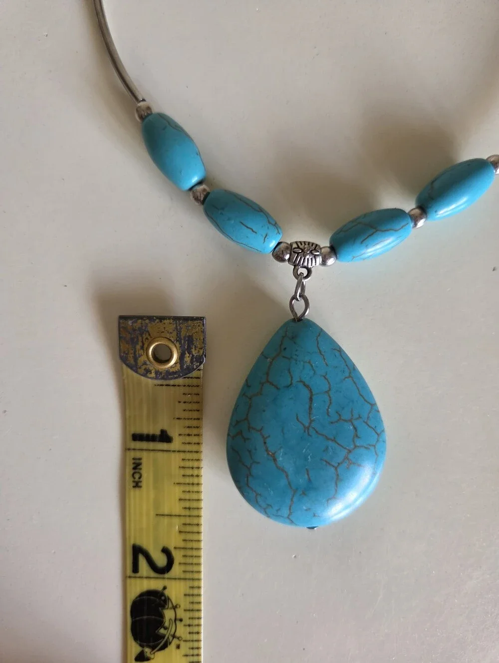 vintage faux turquoise teardrop pendant necklace liquid silver tube beads boho